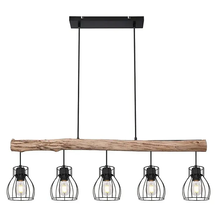 Globo Mina Pendelleuchte MINA - 40 W, L x B x H: 104 x 13,6 x 140 cm, Schwarz, E27 - Pendelleuchte mit fünf Lampen in Käfigoptik und einem Holzbalken. Rustikale Beleuchtung für den Innenbereich.