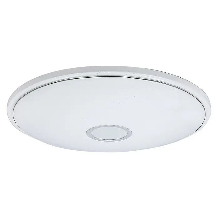Globo Deckenleuchte rund CONNOR - 30 W, Ø x H: 680 mm x 69 cm - Nahaufnahme einer modernen weißen LED-Deckenleuchte mit kreisförmigem Design und silbernen Akzenten auf schwarzem Hintergrund.