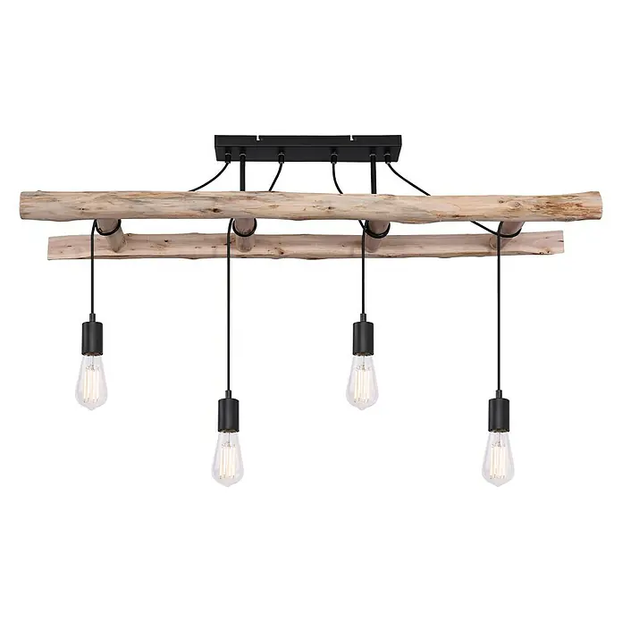Globo Deckenleuchte IRMGARD - 60 W, L x B x H: 34,5 x 11,5 x 120 cm - Rustikale Hängelampe mit vier Edison-Glühbirnen, befestigt an einem natürlichen Holzbalken. Perfekt für eine gemütliche Atmosphäre.