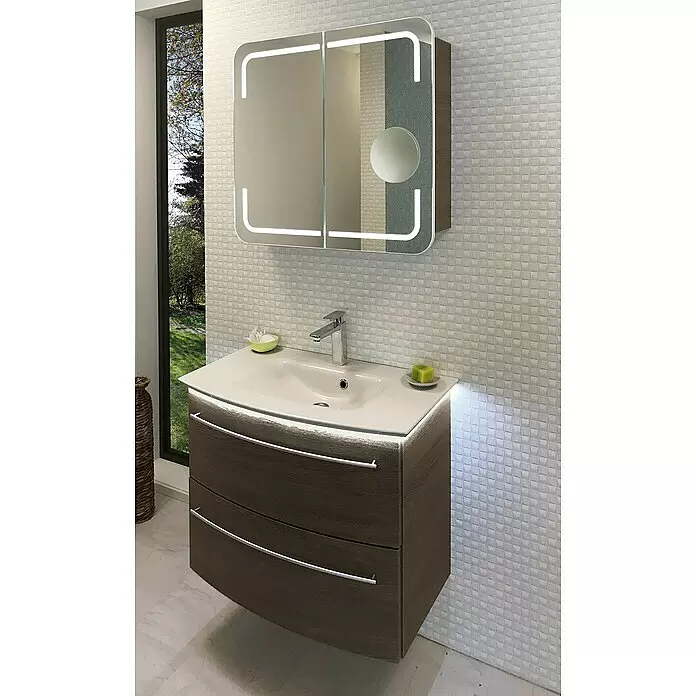 Camargue Stella LED-Spiegelschrank - B x H: 80 x 73,7 cm, Holz, Eiche Maron, Mit Beleuchtung, Kantenausführung Tür: Abgerundet - Stimmungsaufnahme