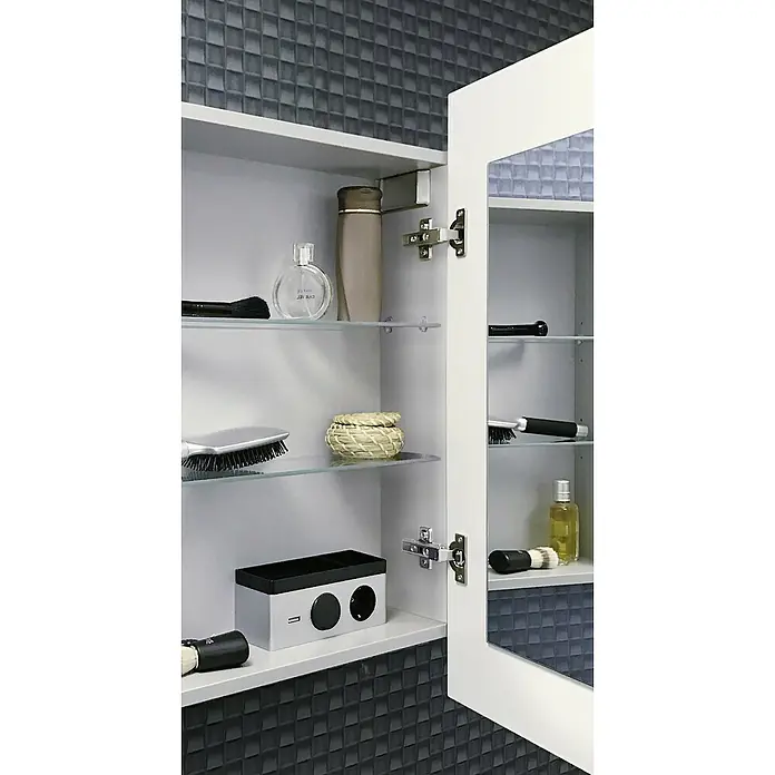 Camargue Stella LED-Spiegelschrank - B x H: 51 x 73,7 cm, Holz, Weiß, DIN Anschlag: Rechts, Kantenausführung Tür: Eckig - Badezimmerschrank mit Glasböden, gefüllt mit Kosmetikprodukten. Elegantes Design für stilvolle Badezimmeraufbewahrung.