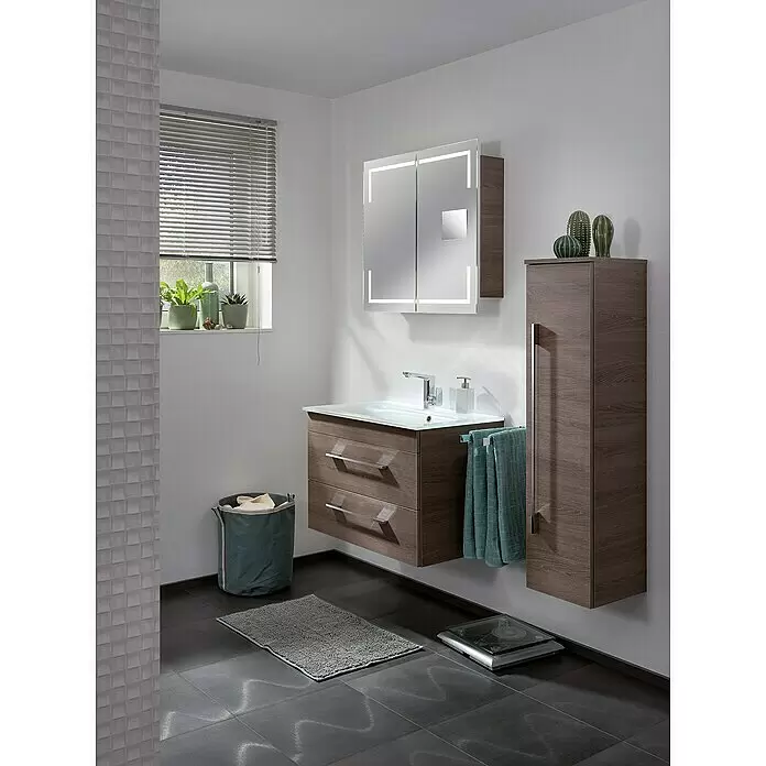 Camargue Stella LED-Spiegelschrank - B x H: 80 x 73,7 cm, Holz, Eiche Maron, Mit Beleuchtung, Kantenausführung Tür: Eckig - Stimmungsaufnahme