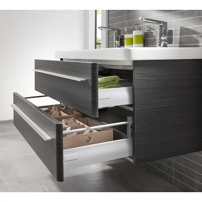 Lanzet Modern 3.0 Waschtischunterschrank - B x T x H: 76 x 44,5 x 48,7 cm, Dark Oak - Badezimmerschrank mit offenen Schubladen zur Aufbewahrung von Badartikeln und Handtüchern. Modernes Design mit grauer Holzoptik.