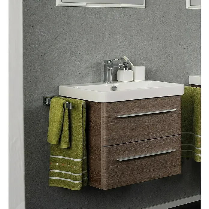 Lanzet Modern 3.0 Waschtischunterschrank - B x T x H: 56 x 44,5 x 48,7 cm, Eiche Maron - Stilvoller Badezimmerschrank mit Waschbecken, Handtüchern und Armatur. Das moderne Design bietet praktischen Stauraum und eine elegante Optik.