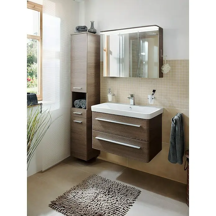 Lanzet Modern 3.0 LED-Spiegelschrank - B x H: 80 x 68,4 cm, Mit Beleuchtung, Eiche Maron - Badezimmer-Ensemble mit Holzschrank, Waschbeckenunterschrank mit Schubladen und Spiegelschrank mit integrierter Beleuchtung für ein stilvolles Ambiente.