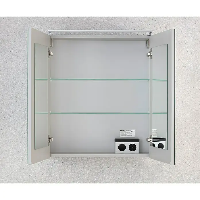 Camargue Stella LED-Spiegelschrank - B x H: 60 x 68,4 cm, Mit Beleuchtung, Weiß - Offener Spiegelschrank mit Glasböden und Steckdosenleiste. Ideal für Badezimmer zur Aufbewahrung von Kosmetikartikeln und zur Nutzung elektrischer Geräte.