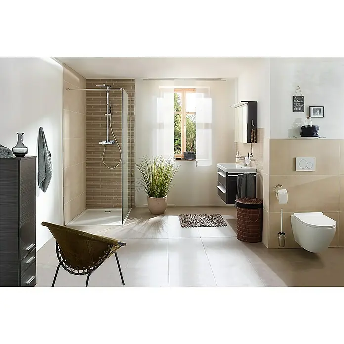 Lanzet Modern 3.0 LED-Spiegelschrank - B x H: 80 x 68,4 cm, Mit Beleuchtung, Dark Oak - Ein modernes Badezimmer mit Dusche, Waschtisch, WC und Möbeln in harmonischen Farben sorgt für eine entspannende Atmosphäre.
