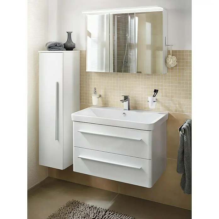 Lanzet Modern 3.0 LED-Spiegelschrank - B x H: 80 x 68,4 cm, Mit Beleuchtung, Weiß - Modernes Badezimmer-Interieur mit weißem Waschtischunterschrank, Spiegelschrank und Hochschrank für ein stilvolles Ambiente.