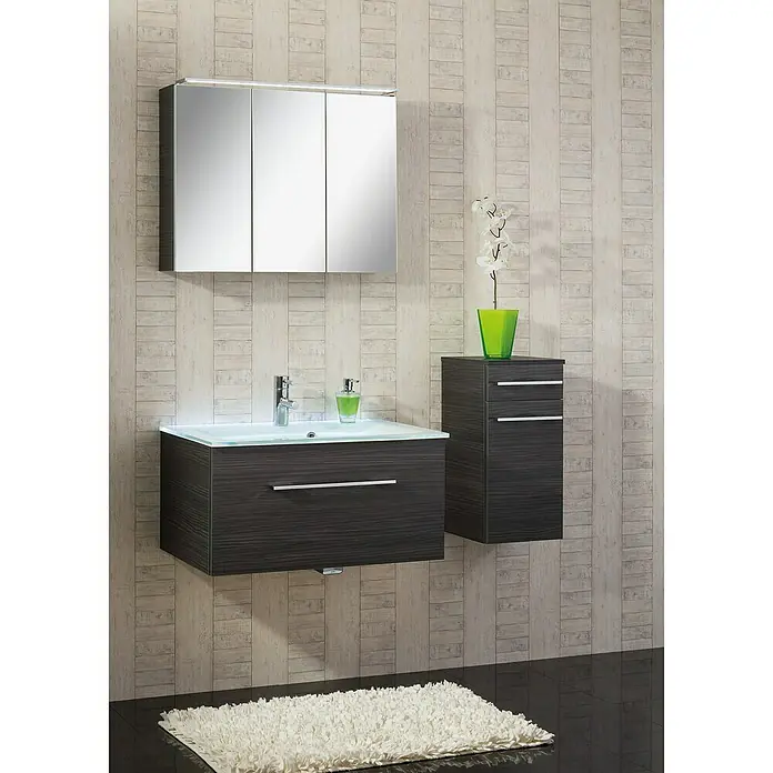 Camargue Stella LED-Spiegelschrank - B x H: 100 x 68,4 cm, Mit Beleuchtung, Dark Oak - Elegantes Badezimmer-Set mit Spiegelschrank, Waschtischunterschrank und Hochschrank in dunklem Holzdekor. Stilvolles Design für moderne Bäder.