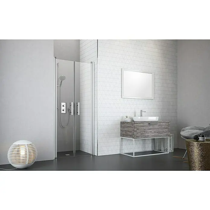 Camargue Vario Dusch-Pendeltür S34 - 100 x 195 cm, Silber, Beschichtet, Glasstärke: 6 mm - Elegantes Badezimmerdesign mit einer modernen Duschkabine mit klaren Linien und minimalistischem Stil, ergänzt durch einen stilvollen Waschtisch und Spiegel.