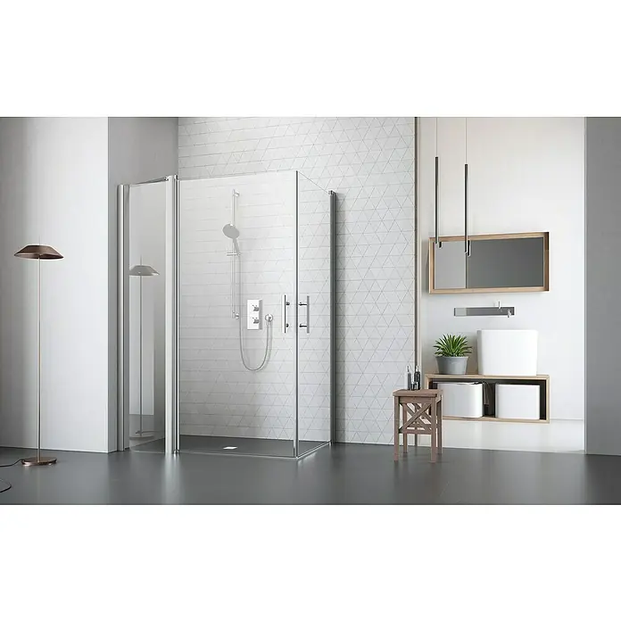 Camargue Vario Eckdusche S3+S16+S1150 x 75 x 195 cm, Beschichtet, Stärke: 6 mm, Silber - Modernes Badezimmer mit einer stilvollen, begehbaren Duschkabine aus Klarglas mit minimalistischen Armaturen und elegantem Design.
