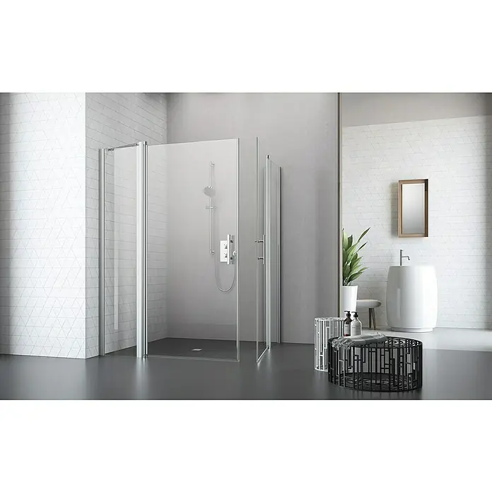 Camargue Vario Eckdusche S2+S16+S3+S15140 x 130 x 195 cm, Beschichtet, Stärke: 6 mm, Silber - Moderne Duschkabine mit klarem Glas und Chrombeschlägen, die ein elegantes und minimalistisches Badezimmerdesign ergänzt. Die Duschabtrennung bietet Komfort.