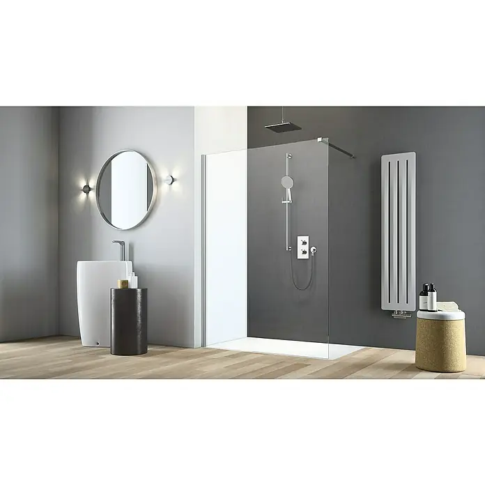 Camargue Vario Duschwand S13P - B x H: 120 x 191,5 cm, Beschichtet, Silber - Elegantes Badezimmer-Interieur mit moderner Dusche, Waschtisch und Heizkörper in stilvollem Design für eine luxuriöse Raumatmosphäre.