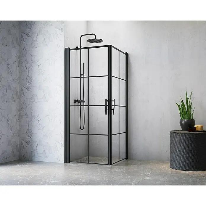 Camargue Göteborg Eckdusche G2+G2 - 80 x 80 x 202,2 cm, Beschichtet, Schwarz, Glasstärke: 6 mm, DIN Anschlag: Links/Rechts - Elegante, schwarze Duschkabine mit klaren Glaswänden und modernem Design. Perfekt für ein stilvolles Badezimmer.