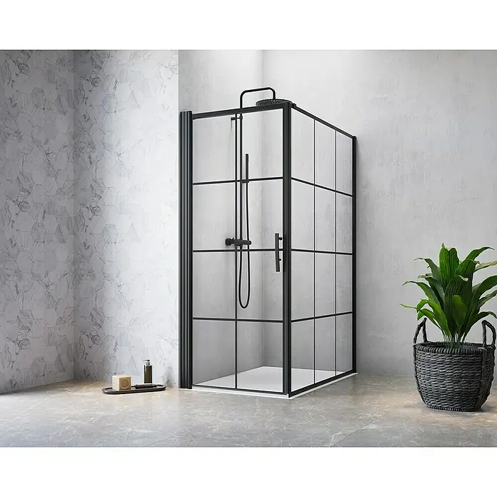 Camargue Göteborg Eckdusche G4+G13 - 120 x 100 x 202,2 cm, Beschichtet, Schwarz, Glasstärke: 6 mm, DIN Anschlag: Links/Rechts - Elegante Duschkabine mit schwarzem Rahmen und klaren Glaspaneelen, die ein modernes und stilvolles Badezimmererlebnis verspricht. Die perfekte Ergänzung.
