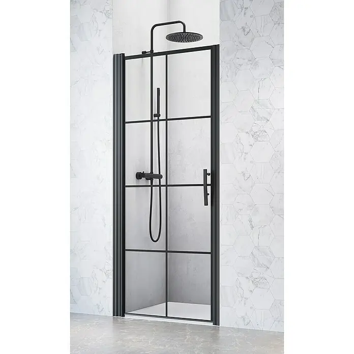 Camargue Göteborg Nischendusche G4+G9 - 100 x 202,2 cm, Beschichtet, Schwarz, 6 mm - Nahaufnahme einer modernen, schwarzen Duschkabine mit klaren Glaspaneelen und einem eleganten, minimalistischen Design, perfekt für moderne Badezimmer.