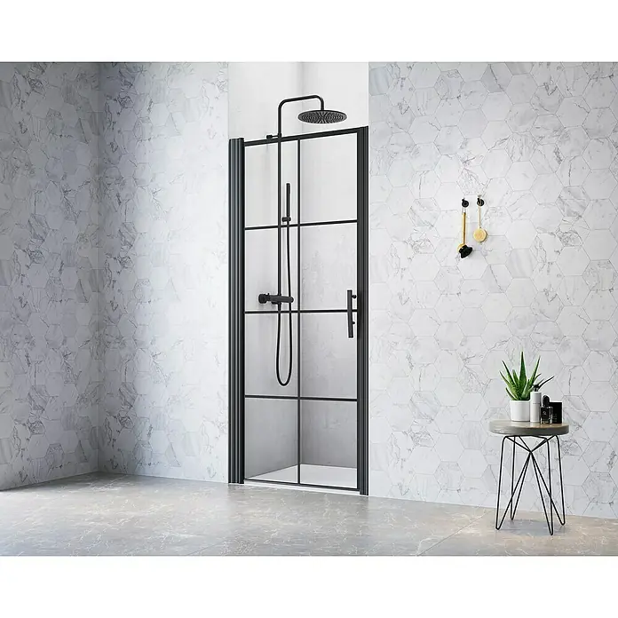 Camargue Göteborg Nischendusche G4+G9 - 100 x 202,2 cm, Beschichtet, Schwarz, 6 mm - Duschkabine mit schwarzem Rahmen und Regendusche. Das moderne Design passt gut zu dem grauen Badezimmer mit sechseckigen Fliesen.