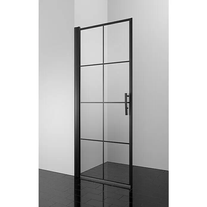 Camargue Göteborg Dusch-Drehtür G3 - 90 x 202,2 cm, Beschichtet, Glasstärke: 6 mm, Schwarz - Schwarze gerahmte Gitter-Duschkabine mit Klarglas und schwarzem Griff.