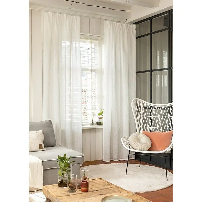 Elbersdrucke Schlaufenbandschal Home Time - 140 x 255 cm, 100 % Polyester, Weiß - Helle, elegante Fenstergardinen aus leicht transparentem Stoff mit dezentem Muster. Ideal für Wohnzimmer oder Schlafzimmer.