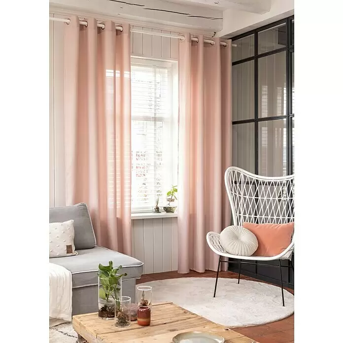 Elbersdrucke Ösenschal Lino - Rosa, 140 x 255 cm, 100 % Polyester - Sanfte rosafarbene Ösenschals am Fenster.