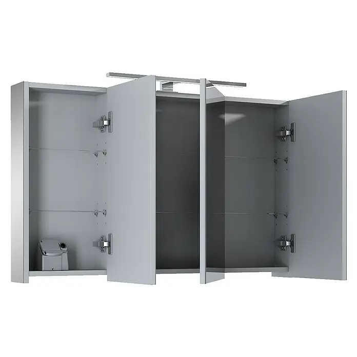Riva Vulcano LED-Spiegelschrank - 100,6 x 13 x 61,8 cm, Mit Beleuchtung - Ein offener, dreitüriger Spiegelschrank in Silber mit Glasböden und einem Beleuchtungselement. Ideal fürs Bad.