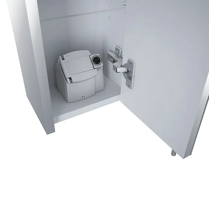 Riva Vulcano LED-Spiegelschrank - 100,6 x 13 x 61,8 cm, Mit Beleuchtung - Nahaufnahme einer Sanibroyeur-Pumpe in einem weißen Badezimmerschrank, die durch eine offene Tür sichtbar ist.