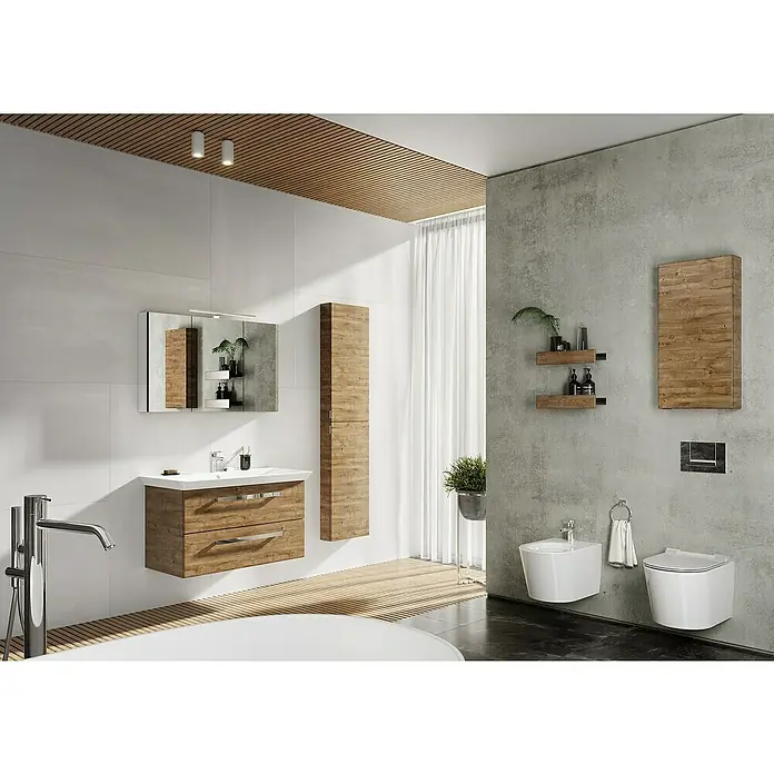 Riva Vulcano LED-Spiegelschrank - 100,6 x 13 x 61,8 cm, Mit Beleuchtung - Elegantes Badezimmer mit Waschtischunterschrank in Holzoptik, Spiegelschrank und passendem Hochschrank. Moderne Gestaltung mit stilvollem Design.