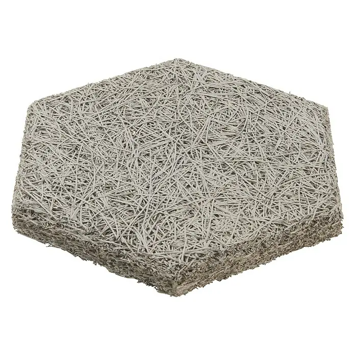 FibroTech Akustikplatte Hexagon - Grau, 250 x 289 x 25 mm, 18 Stk., 0,972 m² - Nahaufnahme einer grauen Holzwolleplatte mit sechseckiger Form, die für eine gute Akustik und Schalldämmung im Raum sorgt.