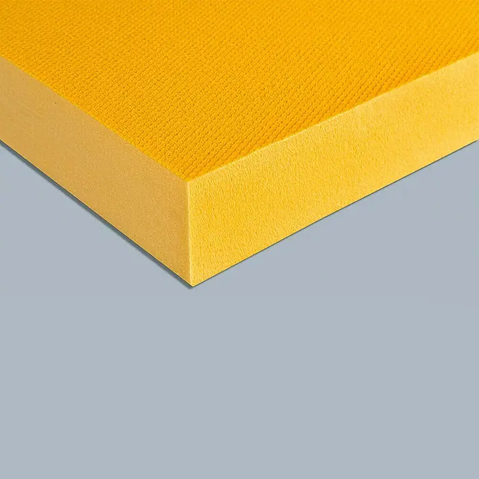 Hartschaumplatte XPS D N-III-PZ-I - 125 x 60 x 2 cm, Extrudiertes Polystyrol (XPS) - Gelbe Schallabsorptionsplatte mit einer fein gewebten Textur zur Reduzierung von Hall und Lärm in Innenräumen. Ideal für Büros.
