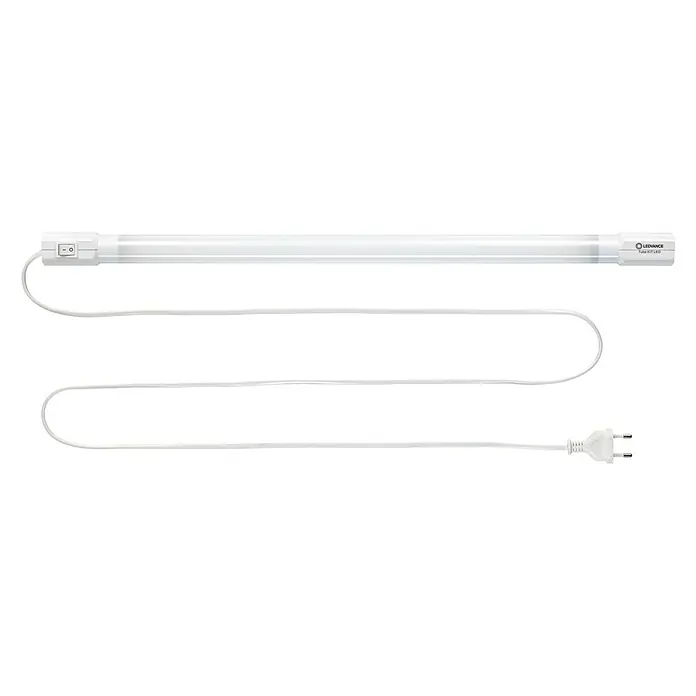 Ledvance LED-Unterbauleuchte TubeKIT19 W, Länge: 1.200 mm, Neutralweiß - LEDVANCE Tube KIT LED im Querformat auf schwarzem Hintergrund. Das Produkt ist eine längliche, weiße LED-Lampe mit Netzkabel und Schalter.