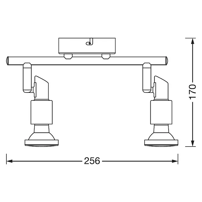 Osram LED-Deckenstrahler - 5,2 W, L x B x H: 275 x 80 x 146 mm, Nickel matt, Warmweiß, 2 Stk. - Abbildung einer zweiflammigen Deckenleuchte mit Maßen, die die Höhe und Breite des Produkts zeigen. Ideal für moderne Inneneinrichtung.