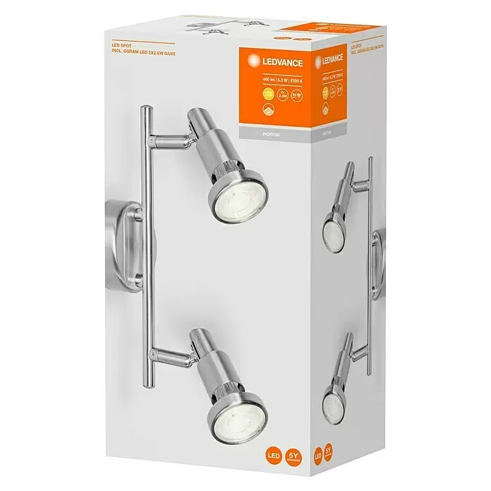 Osram LED-Deckenstrahler - 5,2 W, L x B x H: 275 x 80 x 146 mm, Nickel matt, Warmweiß, 2 Stk. - Diagonale Ansicht