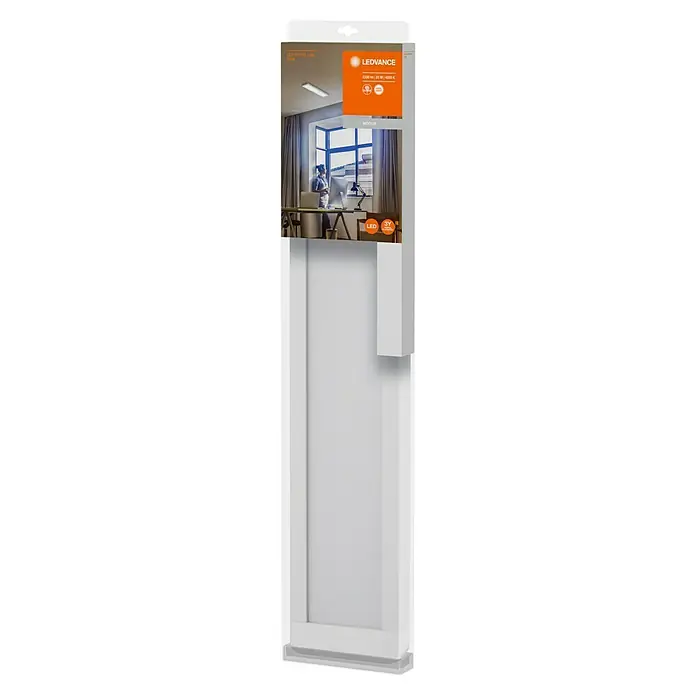 Ledvance LED-Deckenleuchte Office Line - 25 W, L x B x H: 61,5 x 13 x 2,5 cm, Weiß, Neutralweiß - Produktverpackung einer LEDVANCE LED-Leuchte. Die Verpackung zeigt ein Büro-Szenario und wirbt mit 2200 Lumen, 25 W und 4000 K.