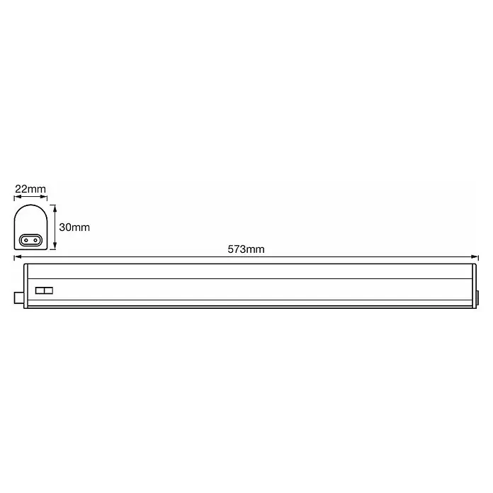Osram LED-Lichtleiste Switch Batten - L x B x H: 57,3 x 2,2 x 3 cm, Lichtfarbe: Warmweiß, 8 W - Darstellung einer LED-Lichtleiste mit Abmessungen. Sie ist 573 mm lang und 22 x 30 mm breit.