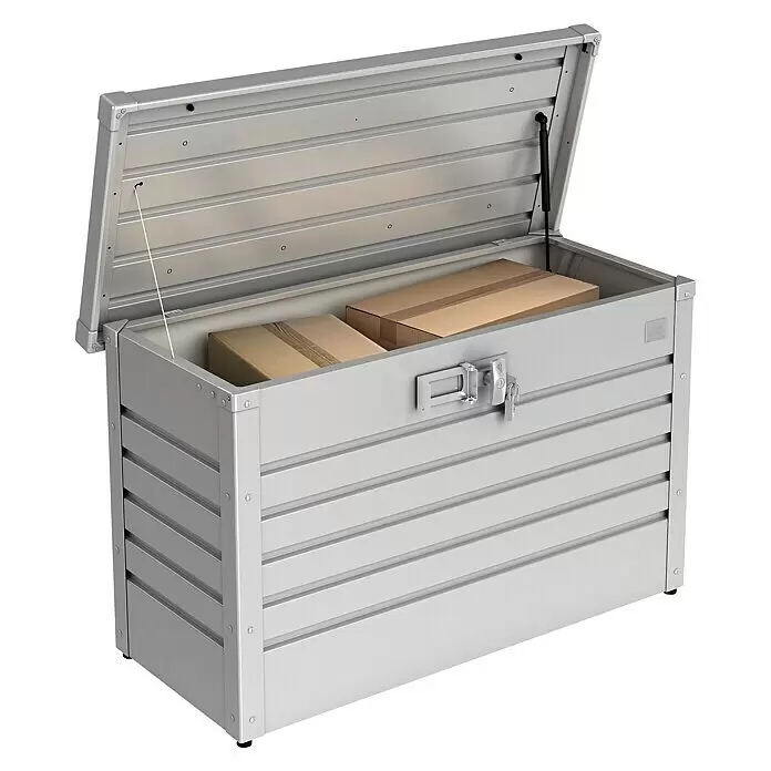Biohort Paketbox - L x B x H: 101 x 46 x 61 cm, Silber Metalic - Silberne Aluminium-Staubox mit offenem Deckel, zwei Kartons enthaltend. Mit Vorhängeschloss-Verschluss.