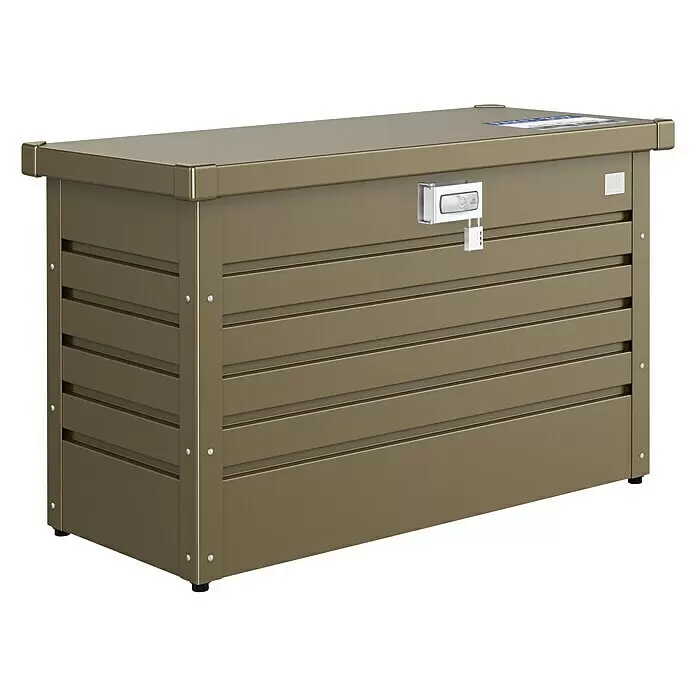 Biohort Paketbox - L x B x H: 101 x 46 x 61 cm, Bronze Metallic - Olivfarbene Metall-Staubox mit Latten-Design und Vorhängeschloss.