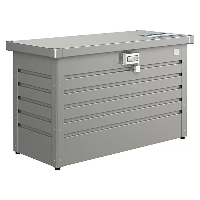 Biohort Paketbox - L x B x H: 101 x 46 x 61 cm, Quarzgrau Metallic - Graue Metall-Aufbewahrungsbox mit gerippten Paneelen und Vorhängeschloss.