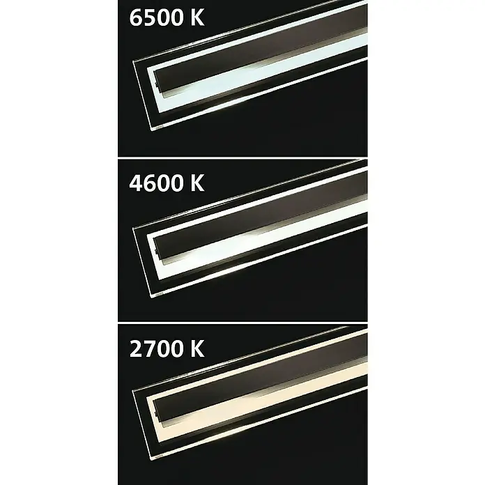 Fischer & Honsel LED-Pendelleuchte Tenso - Warmweiß - Das Bild zeigt eine LED-Deckenleuchte in drei verschiedenen Farbtemperaturen: 6500K, 4600K und 2700K. Die Leuchte hat ein schlankes, modernes Design.