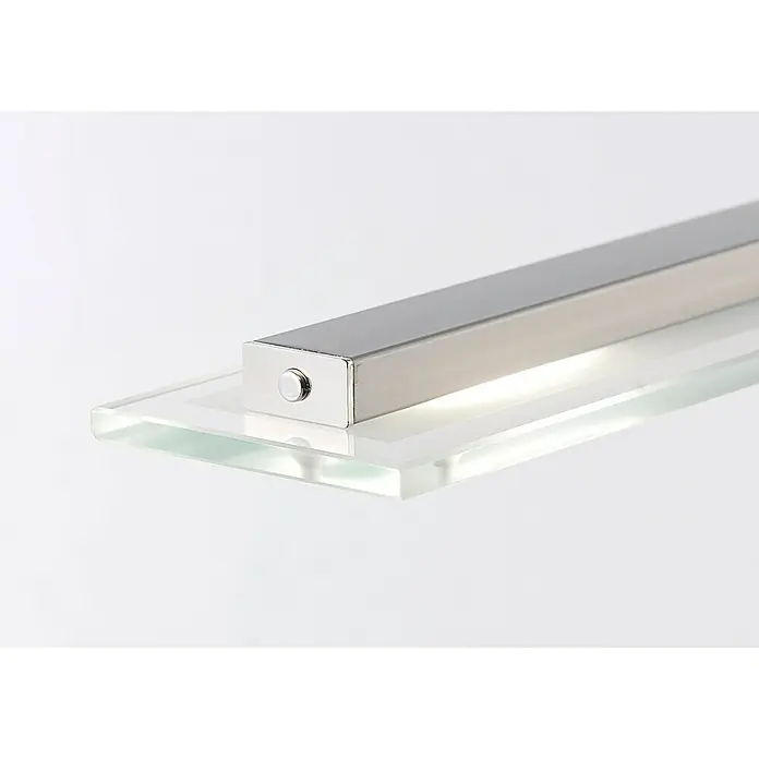 Fischer & Honsel LED-Pendelleuchte Tenso - Warmweiß - Nahaufnahme einer modernen Glasablage mit einer eleganten, rechteckigen Metallhalterung, die ein minimalistisches Design zeigt.