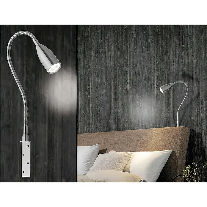 Fischer & Honsel LED-Wandleuchte Sten - 5 W, L x B x H: 45 x 3 x 48 cm, Nickel matt, Warmweiß - Nahaufnahme einer modernen, silbernen LED-Wandleuchte mit flexiblem Arm, ideal als Leselampe für Schlafzimmer.