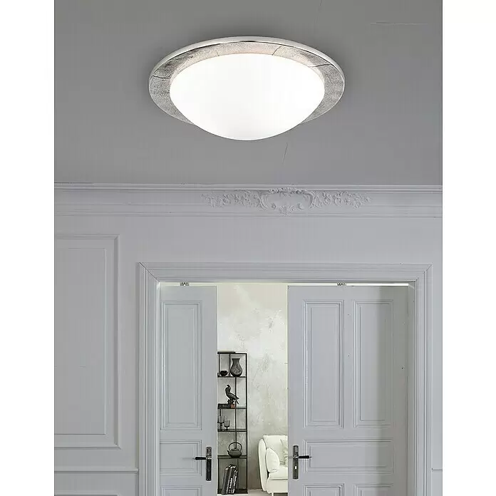 Fischer & Honsel Deckenleuchte rund Nantes - 80 W, Ø x H: 380 mm x 12 cm, Nickel, E27 - Moderne Deckenleuchte mit texturiertem grau-silbernem Rahmen und weißem Diffusor.
