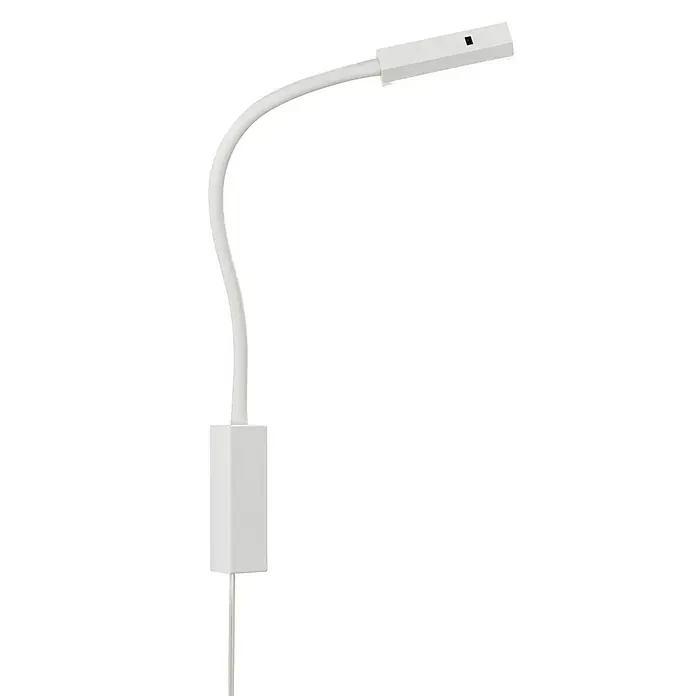 Fischer & Honsel Wandleuchte Raik - 5 W, Weiß/Gold - Nahaufnahme einer weißen flexiblen LED-Schreibtischlampe mit einem rechteckigen Lampenkopf und einem Kabel vor einem schwarzen Hintergrund.