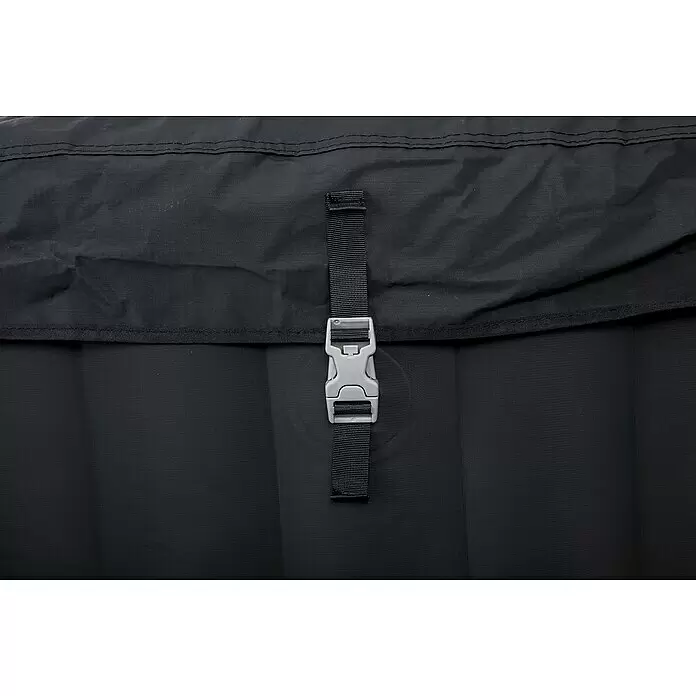 Bestway Lay-Z-Spa Mobil-Whirlpool Miami Air-Jet - Ø x H: 180 x 66 cm, Schwarz, 669 l - Schwarz Ripstop-Gewebe und glattes schwarzes Material, verbunden durch eine graue Kunststoffschnalle und einen schwarzen Riemen.