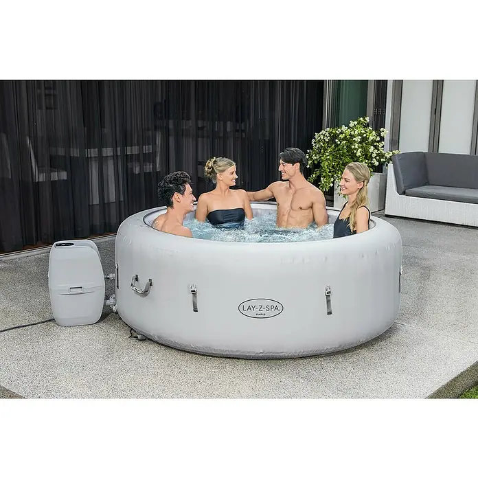 Bestway Lay-Z-Spa Hidromasaje móvil AirJet Paris - Ø x Al: 196 x 66 cm, Blanco, 806 l - Una bañera de hidromasaje Lay-Z-Spa inflable al aire libre con cuatro personas, ideal para relajarse y socializar en tu propio jardín.