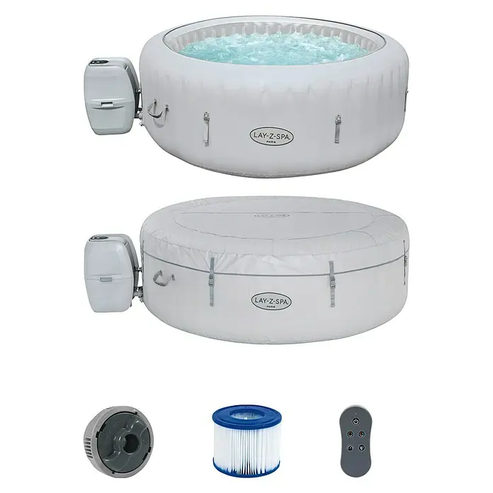 Bestway Lay-Z-Spa Hidromasaje móvil AirJet Paris - Ø x Al: 196 x 66 cm, Blanco, 806 l - La imagen muestra un Lay-Z-Spa con accesorios, incluyendo filtros y control remoto, para una experiencia relajante.