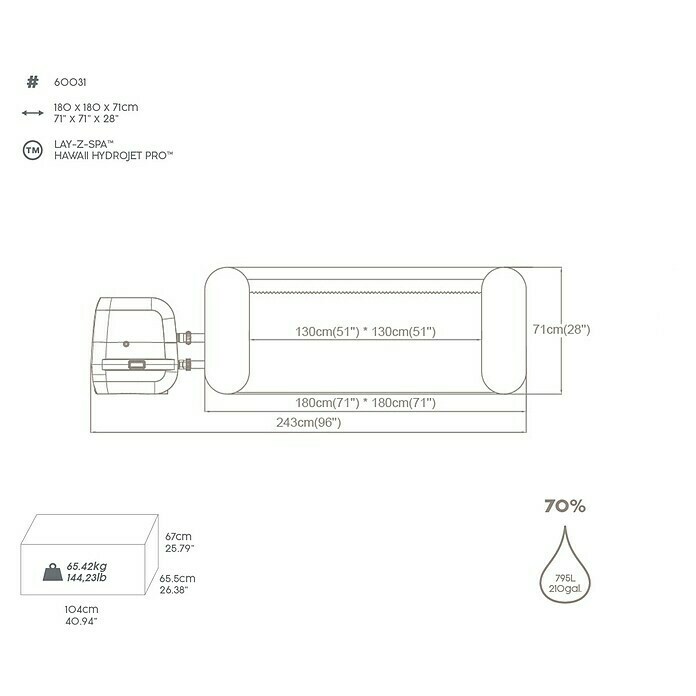 Bestway Lay-Z-Spa Außen-Whirlpool Hawaii Hydrojet ProL x B x H: 180 x 180 x 71 cm, 795 l, Geeignet für: 4 - 6 Personen Sketch