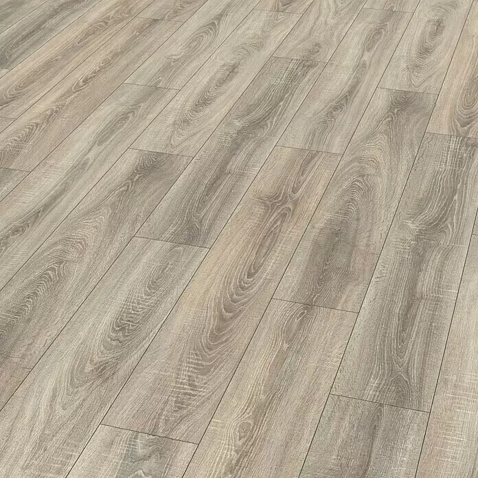 Laminat - Leonessa, Landhausdiele, 1.292 x 193 x 7 mm - Hellbraune Laminatdielen mit natürlicher Holzmaserung diagonal verlegt.