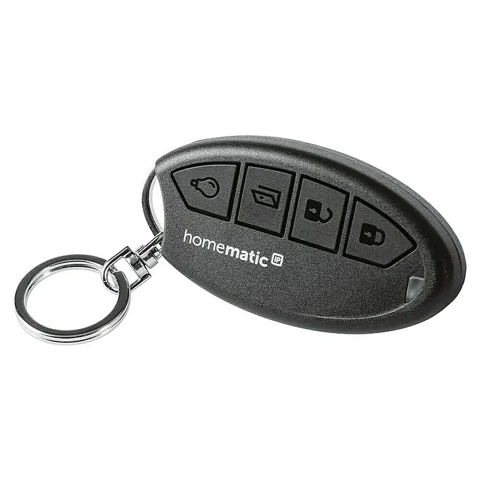 Homematic IP Funkfernbedienung HmIP-KRCK - Passend für: Homematic IP Türschlossantrieb, Schwarz, 75 x 38 x 14 mm - Nahaufnahme einer Homematic IP-Fernbedienung mit Schlüsselanhänger, ideal zur Steuerung Ihres Smart Homes.