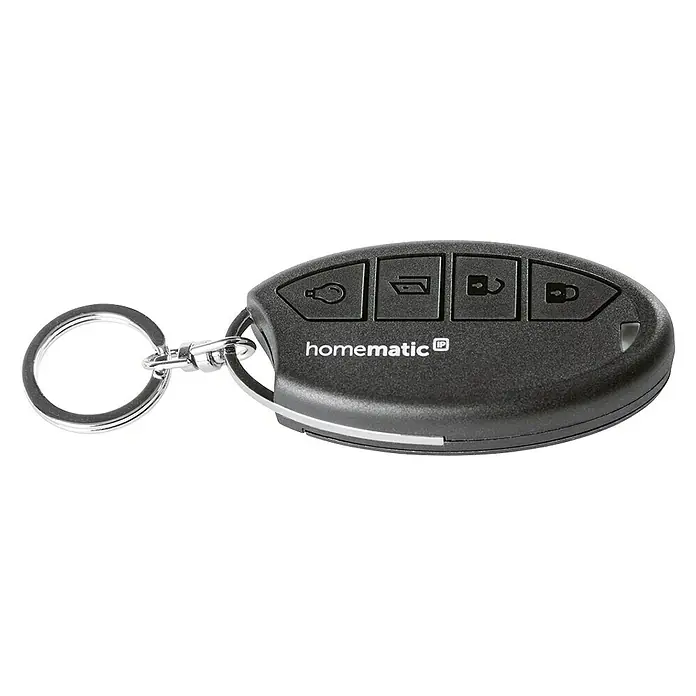 Homematic IP Funkfernbedienung HmIP-KRCK - Passend für: Homematic IP Türschlossantrieb, Schwarz, 75 x 38 x 14 mm - Abbildung einer Homematic IP-Fernbedienung mit vier Tasten und Schlüsselanhänger, ideal für Smart-Home-Anwendungen.