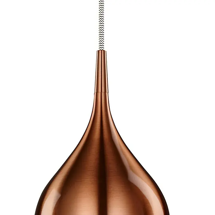 Searchlight Pendelleuchte Vibrant - 40 W, L x B x H: 12 x 12 x 142 cm, Kupfer, E14, 120 mm - Nahaufnahme einer eleganten Pendelleuchte aus Kupfer mit einem dekorativen Kabel, die ein modernes Ambiente schafft.